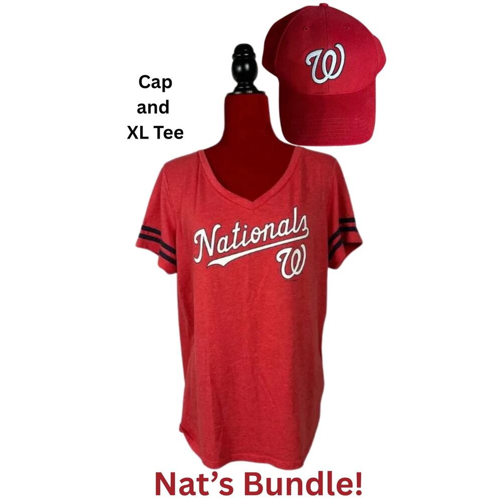 Womens Washington Nationals FAN BUNDLE - XL V Neck T Shirt and NEW Cap